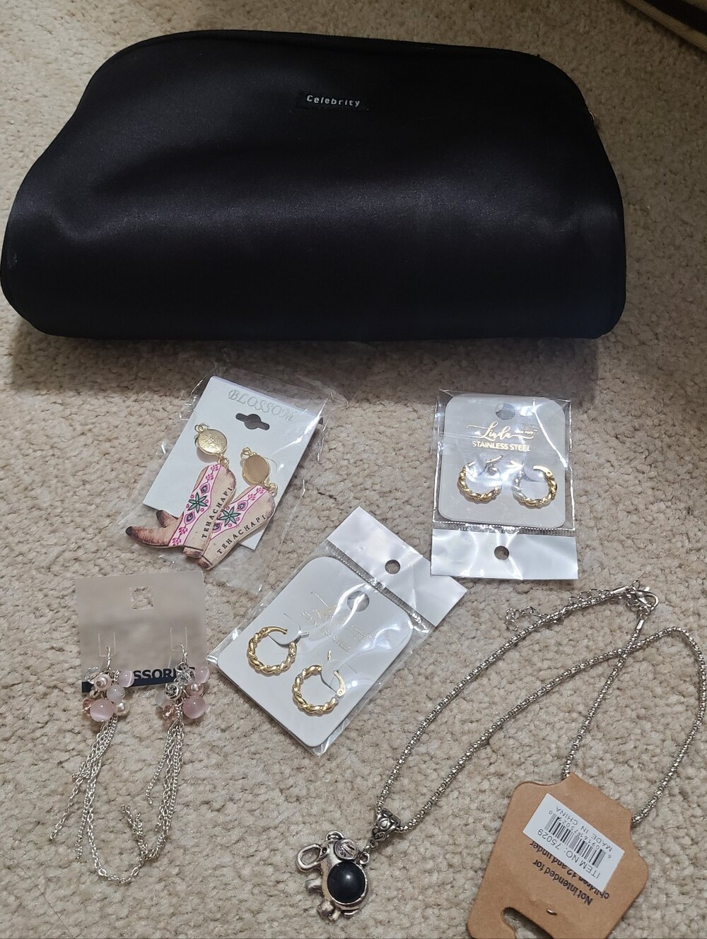 Black Jewelry Pouch with Assorted Women's Earrings & Necklace